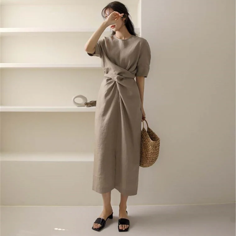 Linen Look Wrap Tie Waist Short Sleeve Midi Dress