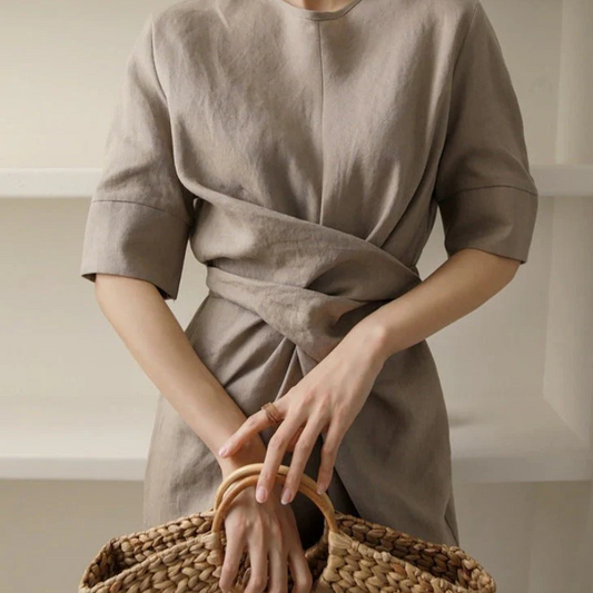 Linen Look Short Sleeve Wrap Tie Waist Tulip Hem Midi Dress