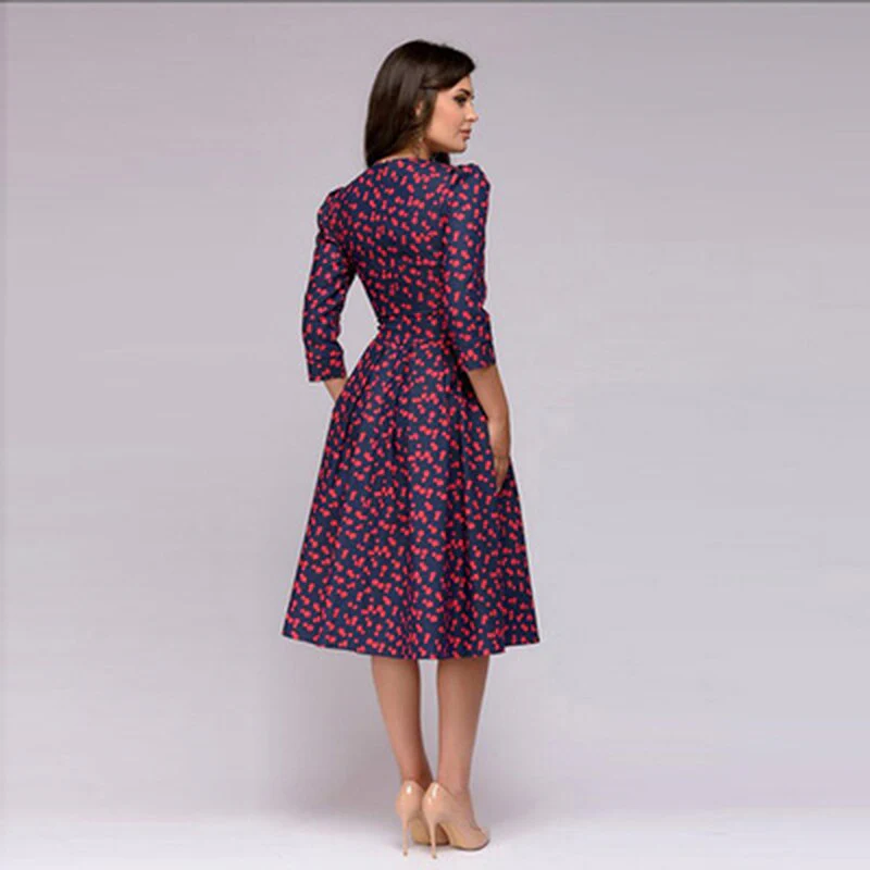 Ditsy Floral Print Crew Neck Puff Sleeve Pocket Fit and Flare Midi Dress