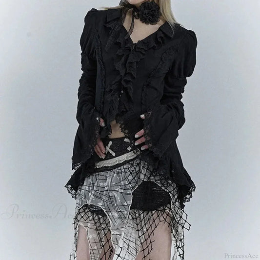 Dark Black Lace Flare Sleeve Shirt