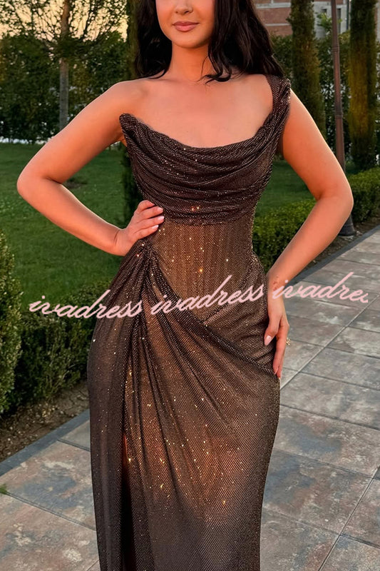 Glitzy Gala Glitter Fabric One Shoulder Ruched Slit Maxi Dress