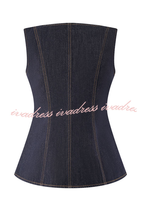 Stassi Denim Square Neck Unique Button Up Princess Seams Vest Top