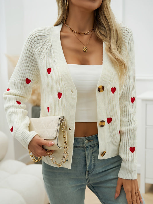 Women's V-Neck Heart Print Knit Cardigan – Button-Up Sweater