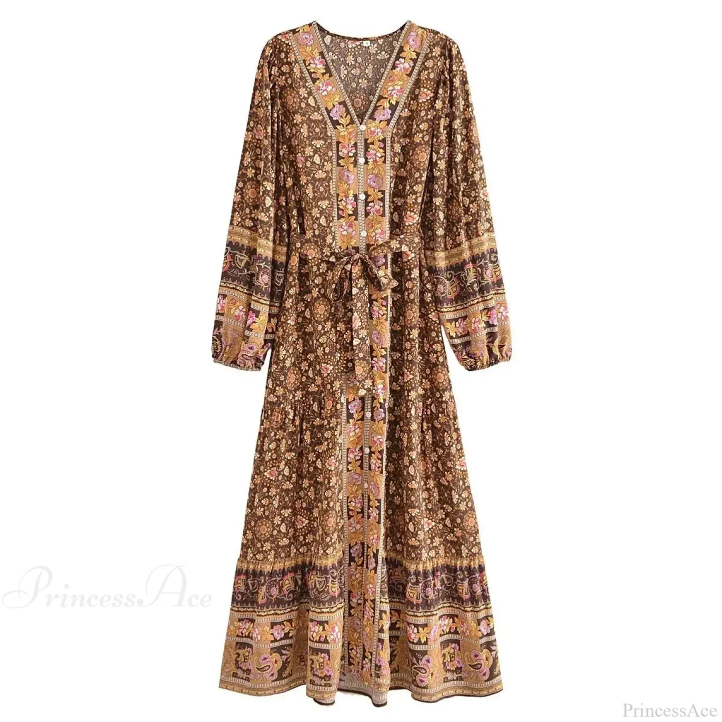 Deep V-neck Floral Long Sleeve Cotton Boho Dress