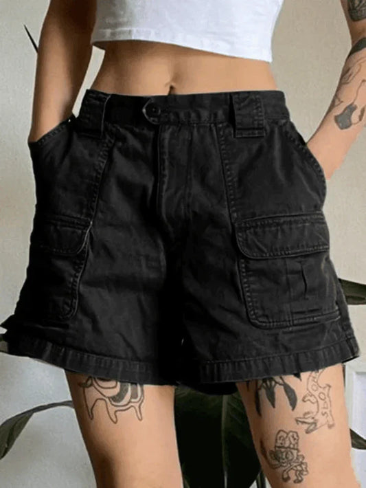Solid Color Vintage Denim Straight Leg Cargo Shorts