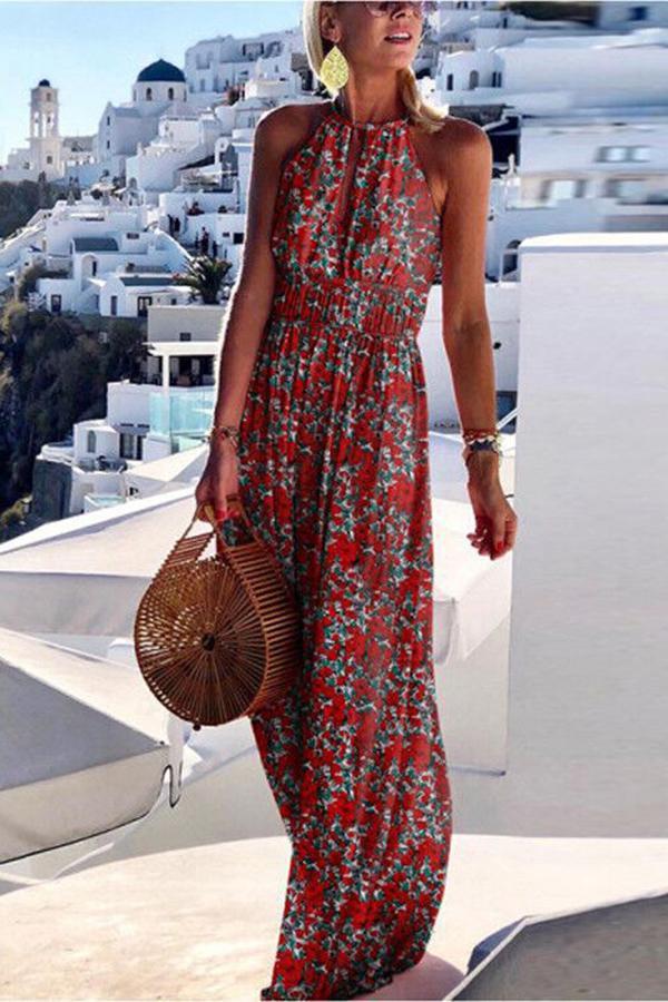 Women's fashionable and elegant vacation style printed large hanging neck design with a sense of long skirt