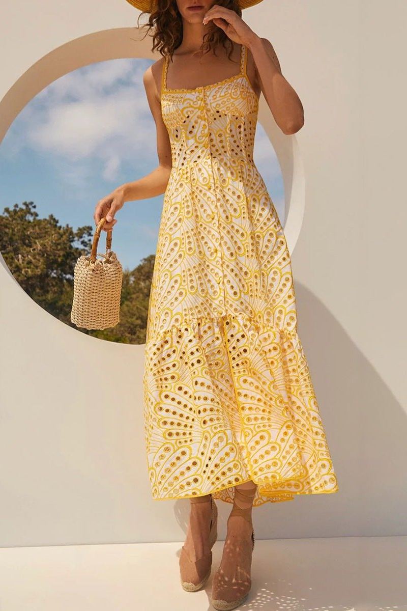 Broderie Anglaise Peacock Feather Print Smocked Back Tiered Maxi Dress