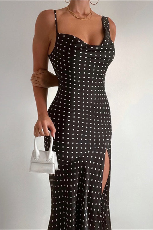 Polka Dot Print Cowl Neck Spaghetti Strap High Slit Midi Dress