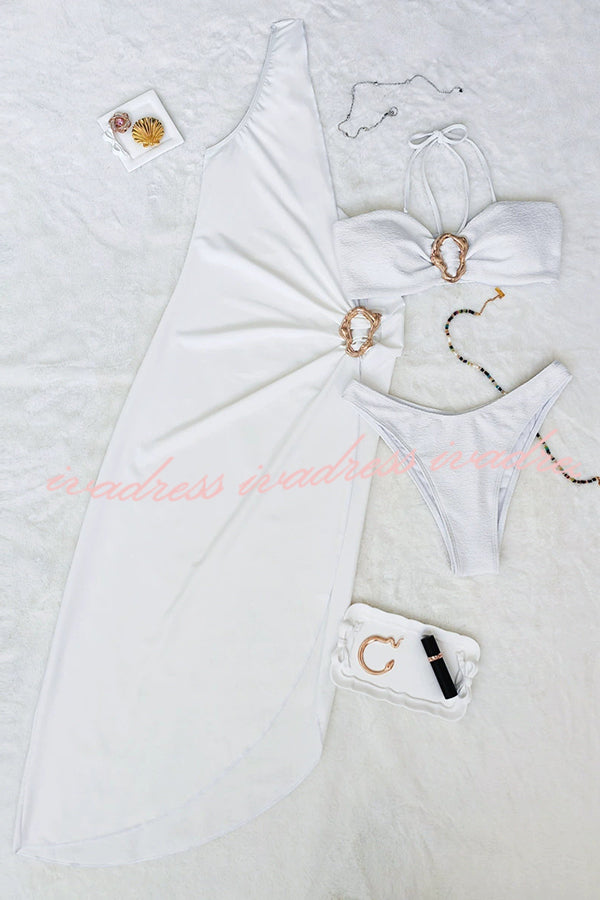 Solid Color Sexy Metallic Stretch Two Piece Bikini Swimsuit and One Shoulder Slim Cover Up Set
