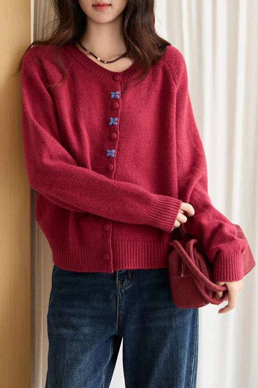 Round Neck Embroidered Buckle Cardigan