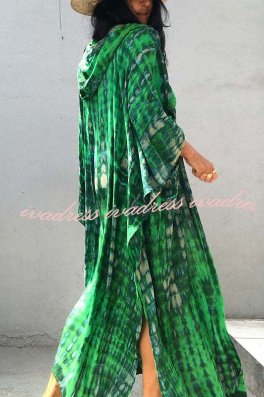 Boho Tie-dye Print Hooded Kimono Cover-up