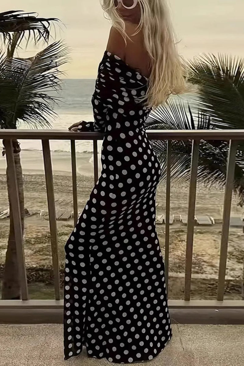 Off Shoulder Mesh Polka Dot Long Sleeve Bodycon Maxi Dress