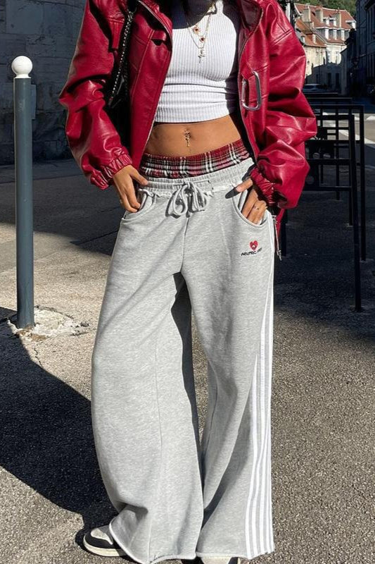 Vintage Stripe Embroidery Relaxed Double Waist Pants