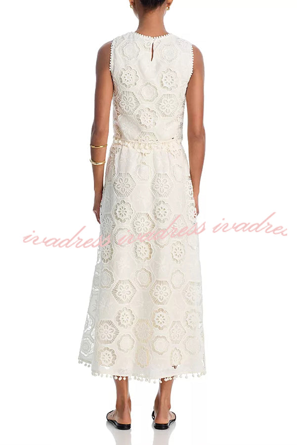 Nice Try Embroidered Crochet Lace Tassle Trim Crop Tank Top