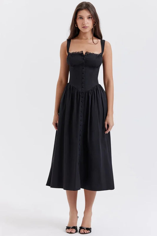 Lace Trim Corset Button Front Basque Waist Fit and Flare Midi Dress