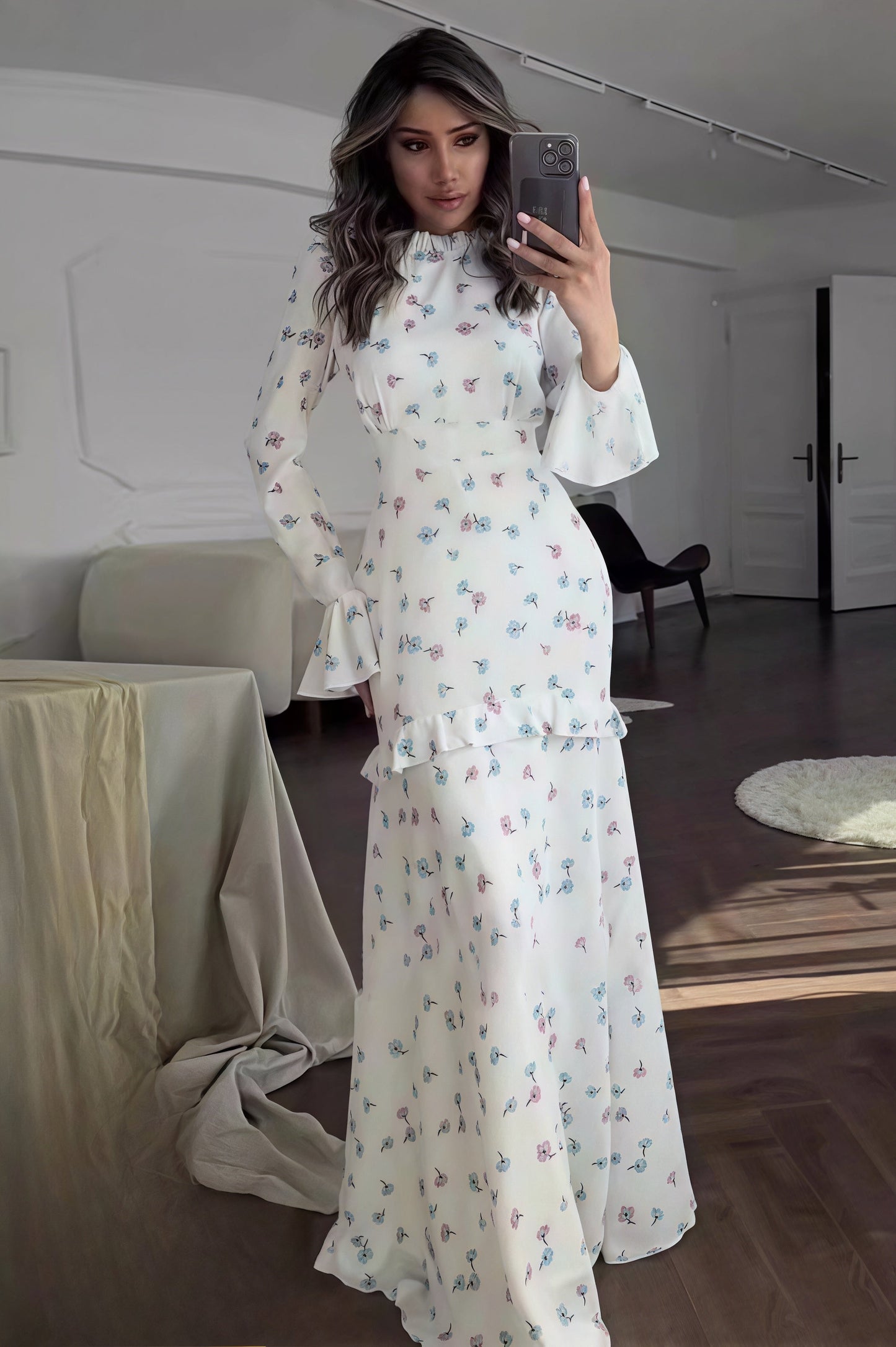 Ruffle Mock Neck Bell Cuff Hip Tier Ditsy Floral A-Line Maxi Dress