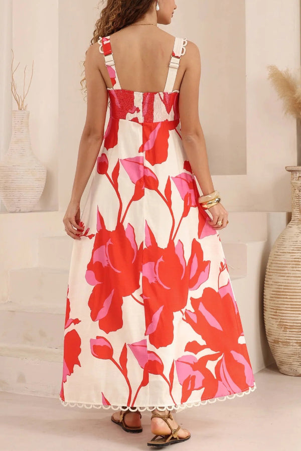 Floral Print Square Neck Sleeveless Wavy Trim Holiday Maxi Dress