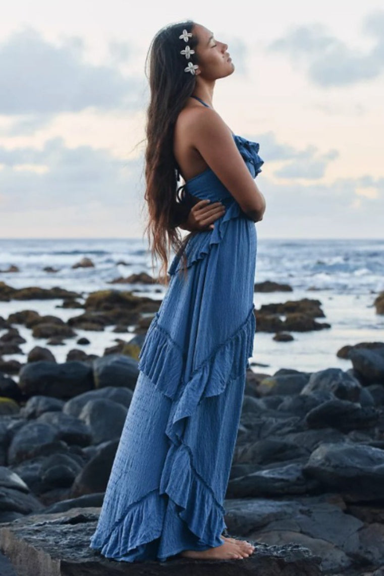 Backless Halter Tie Crop Top Tiered Ruffle Maxi Skirt Set