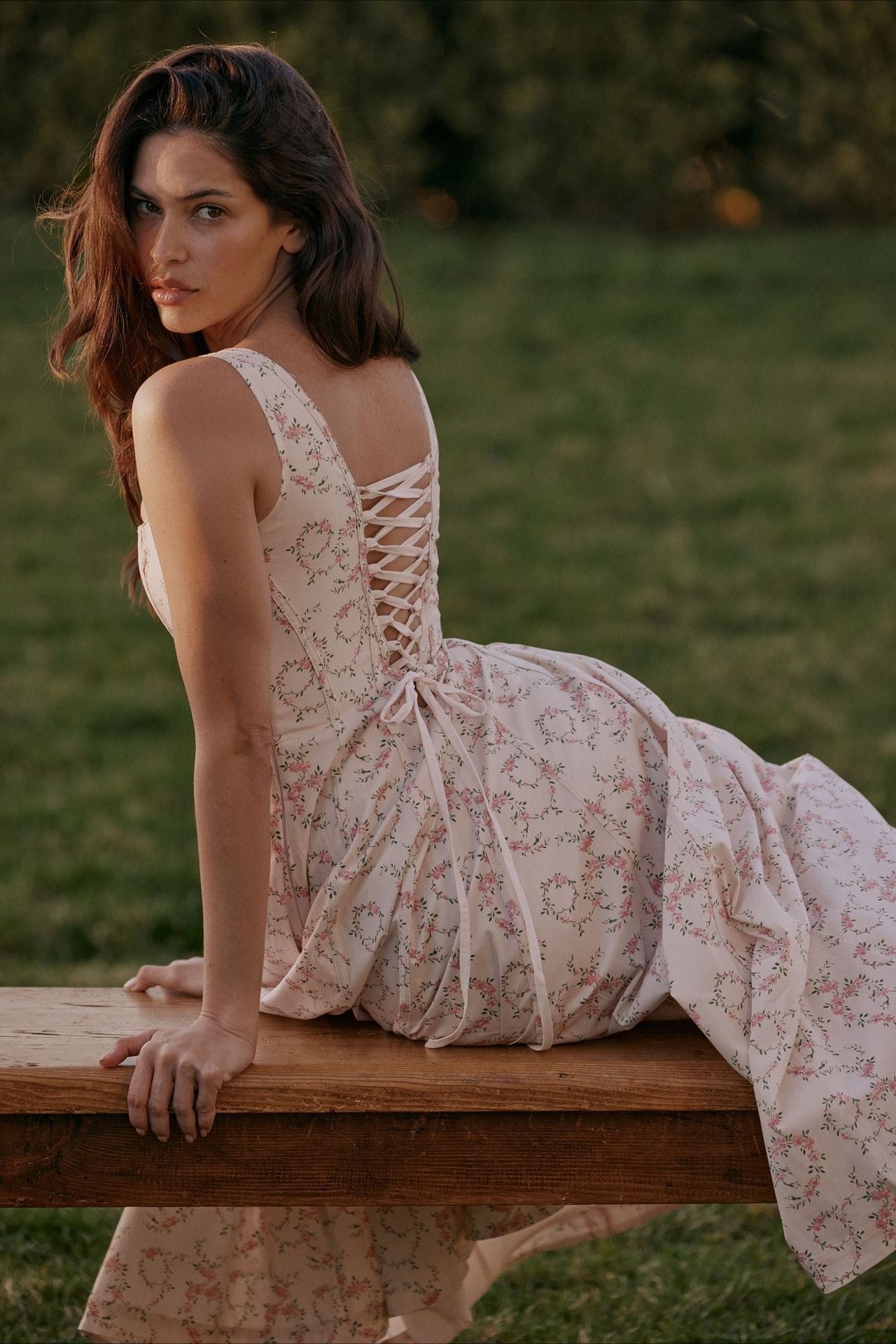 Square Neck Corset Bodice Floral Print Pocket Midi Dress