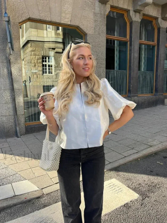 Elegant White Satin Short O-neck Female Lady Blouse