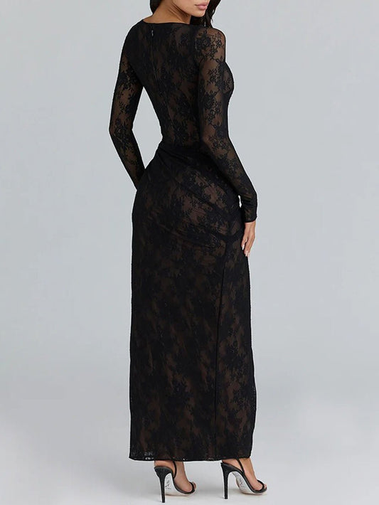 Floral Lace Boat Neck Long Sleeve Ruched Hip High Slit Maxi Dress