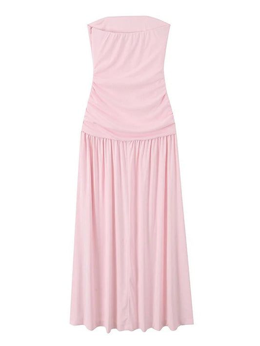 Strapless Ruched Bodice Pleated Flowy Maxi Dress