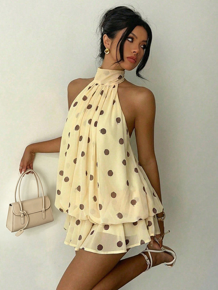 Halter Bubble Mini Dress For Women - Elegant Pleated Backless Loose Fit Chiffon Skater Dress - Summer Beach Vacation 2026