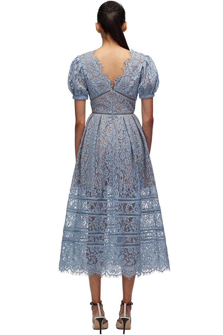 Eyelash Lace V-Neck Puff Sleeve Button-Front Ladder Insert A-Line Midi Dress