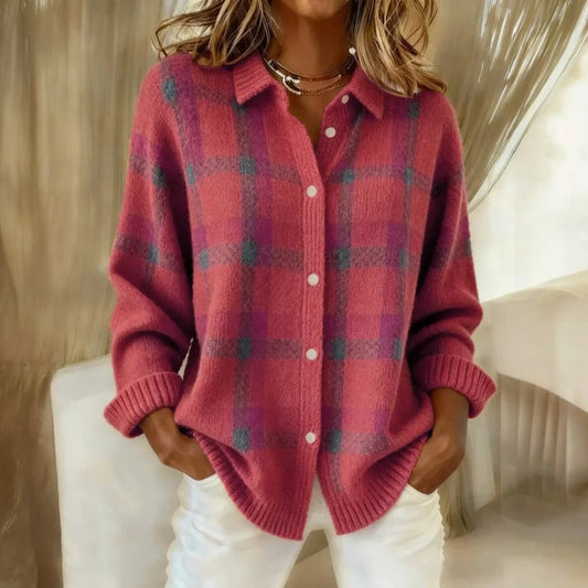 Women’s Loose Fit Buttoned Knit Cardigan - Stylish Check Pattern Design