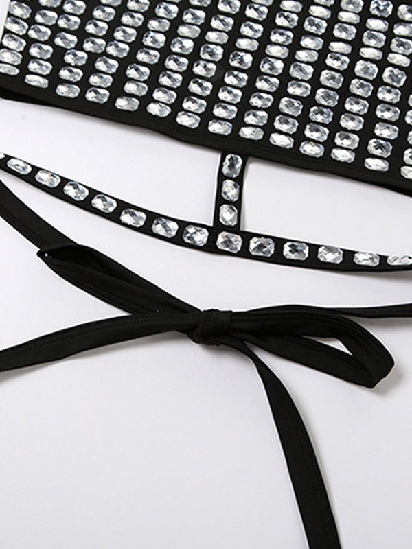 Rhinestone Decor Tie Up Backless Halter Vest