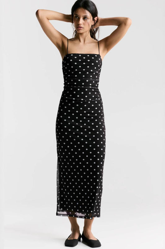 Polka Dot Mesh Sheer Spaghetti Strap Square Neck Ruched Maxi Dress