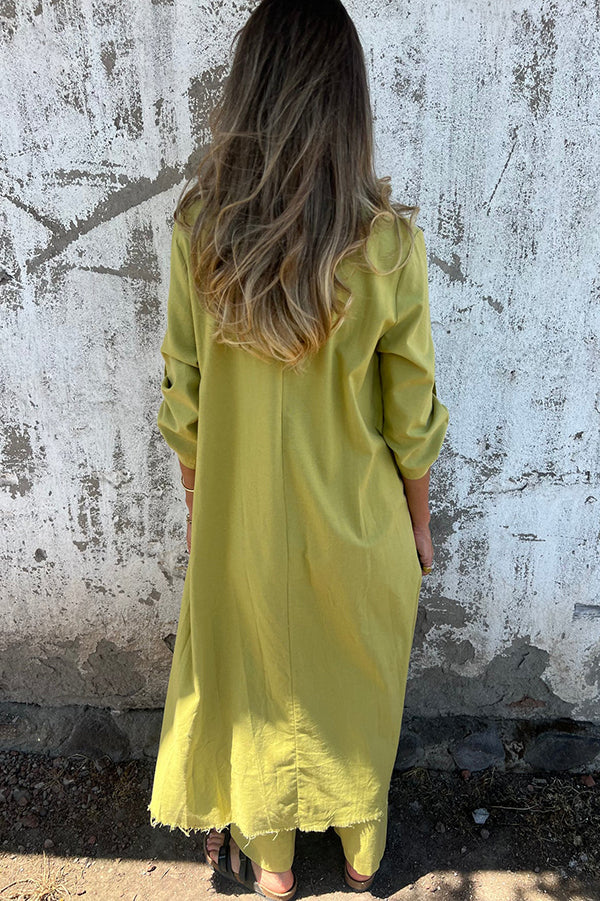 Jamilah Linen Blend Ring Detail Midi Blouse and Elastic Waist Pocketed Loose Pants Set