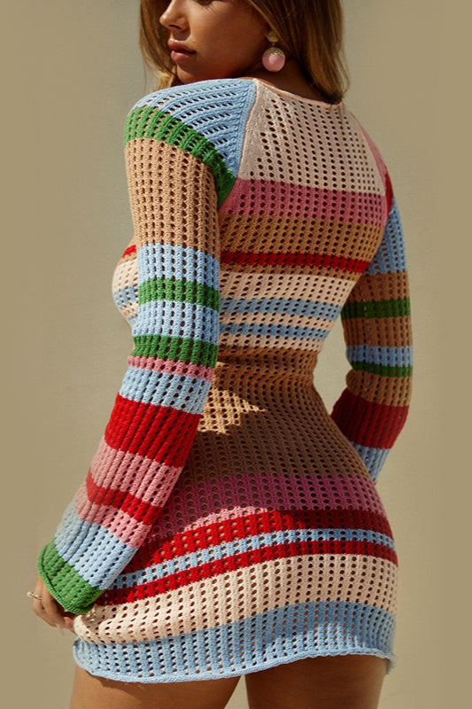 Striped Color-Block U-Neck Sexy Long-Sleeve Knit Sweater Dress