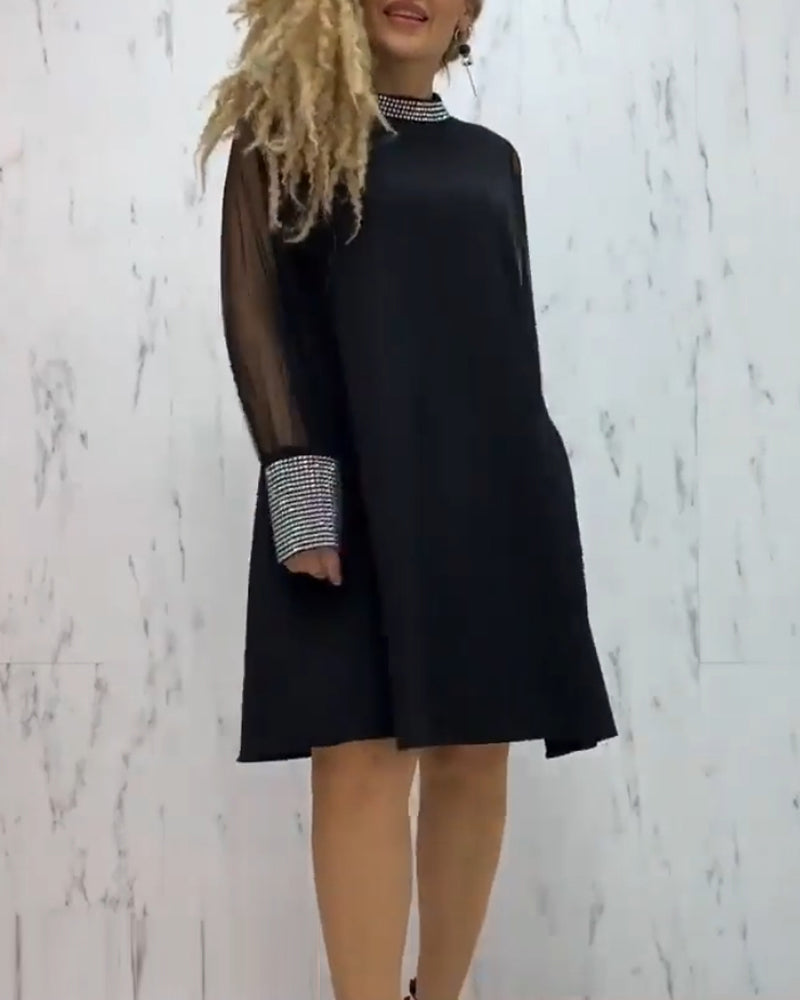 Sheer Puff Sleeve Rhinestone Grid Cuff A-Line Knee Length Dress