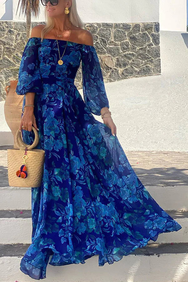 Off-the-Shoulder Balloon Sleeve Floral Smocked Waist Maxi Dress