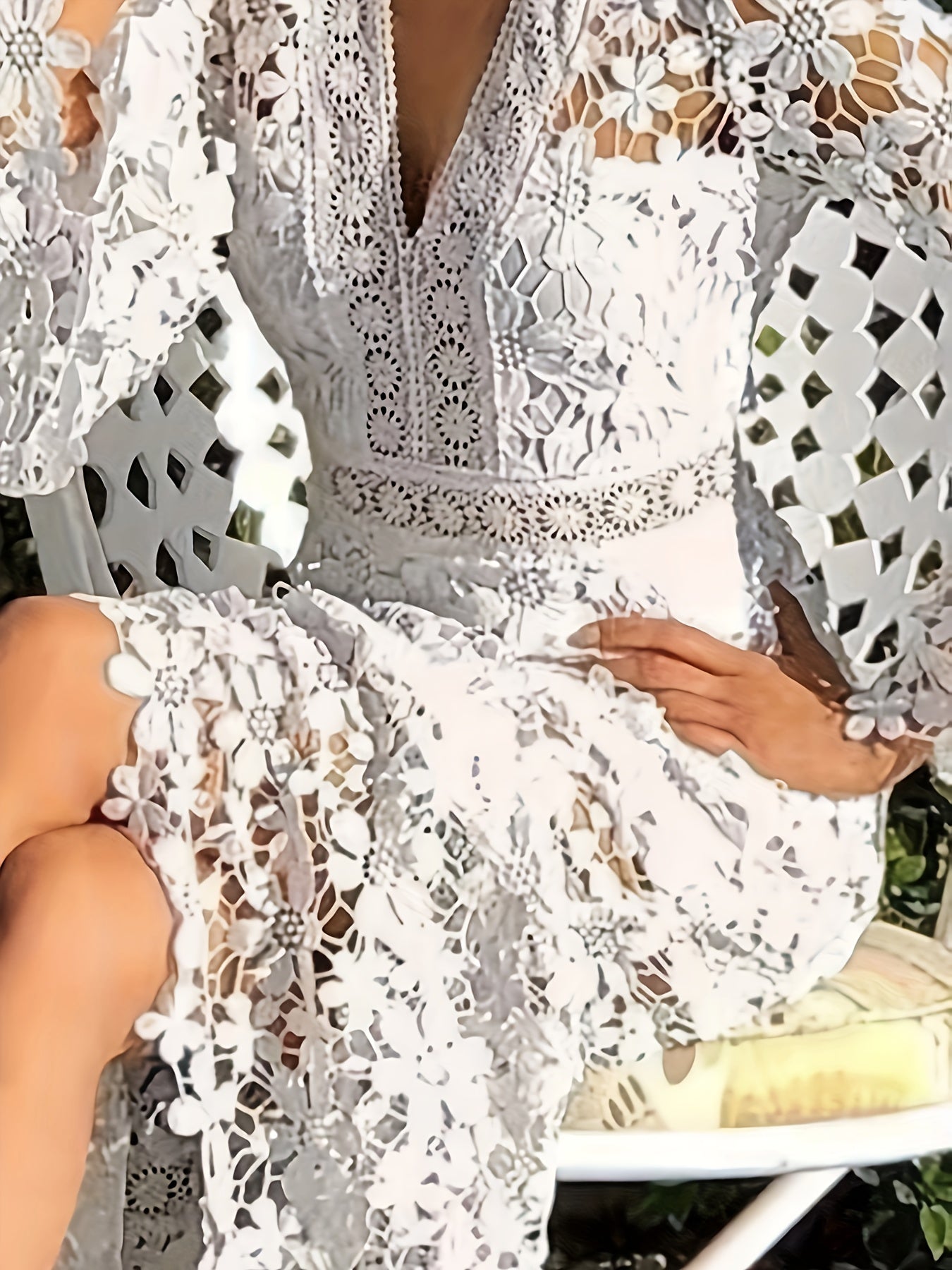 Guipure Lace Bell Sleeve Scalloped Hem Ruffle Tier Maxi Dress