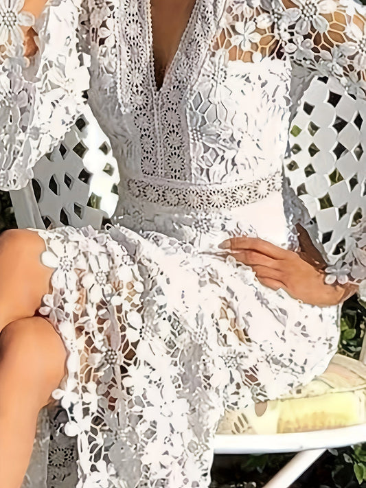Guipure Lace Bell Sleeve Scalloped Hem Ruffle Tier Maxi Dress