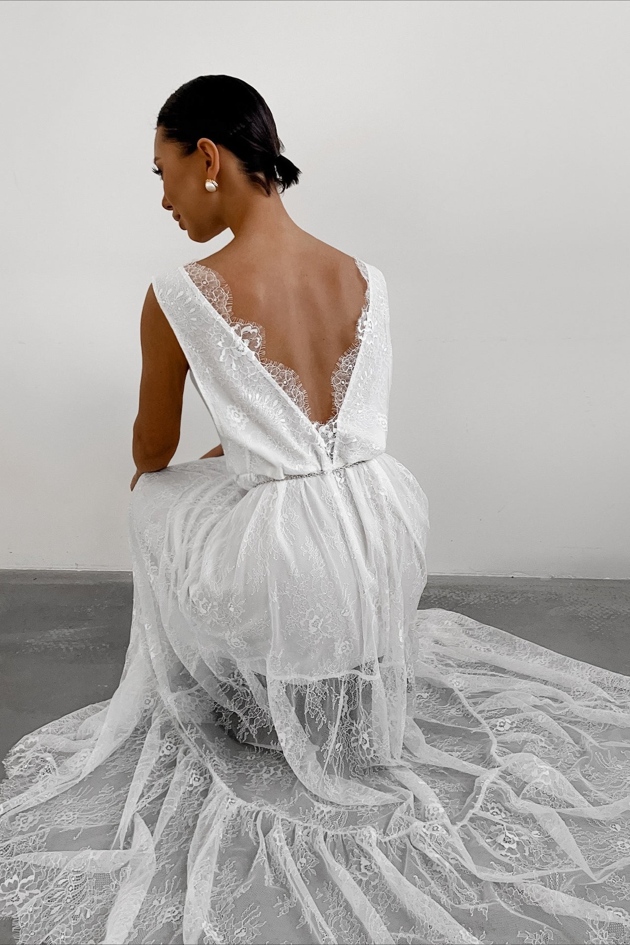 Lace Trim Deep V Neck Chain Belt Sheer Overlay Maxi Dress
