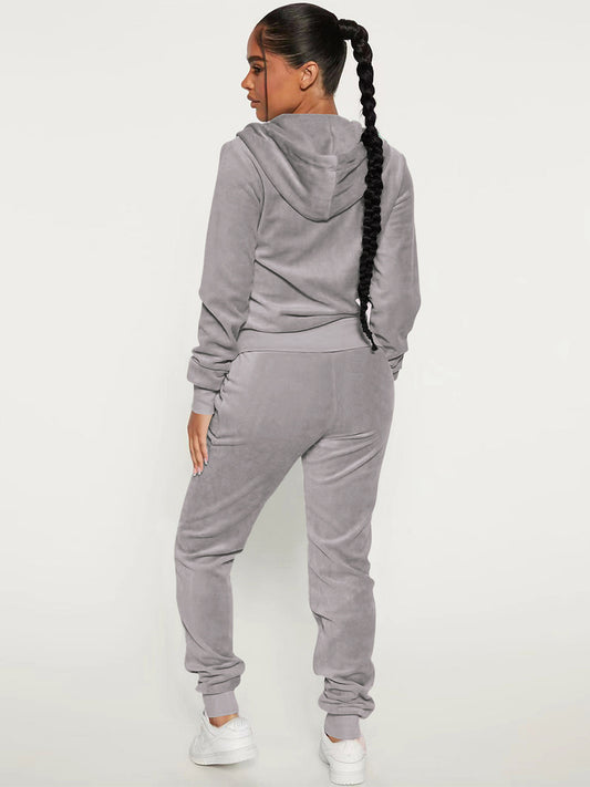 Velour Zip Up Slim Fit Hoodie Jogger Set For Women 2026
