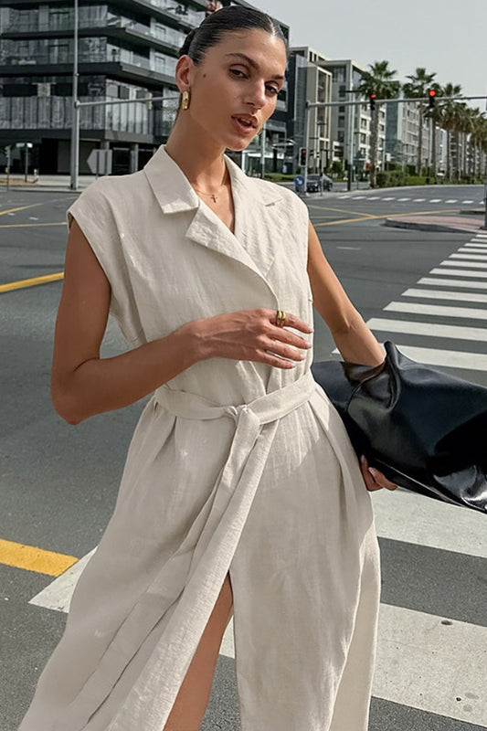 | Linen Cotton High Waist Slit Maxi Dress