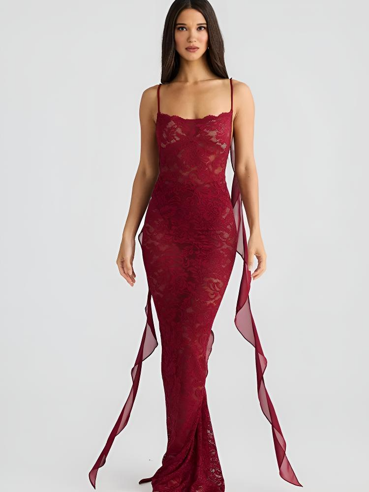| Backless Lace Mermaid Gown with Chiffon Streamers