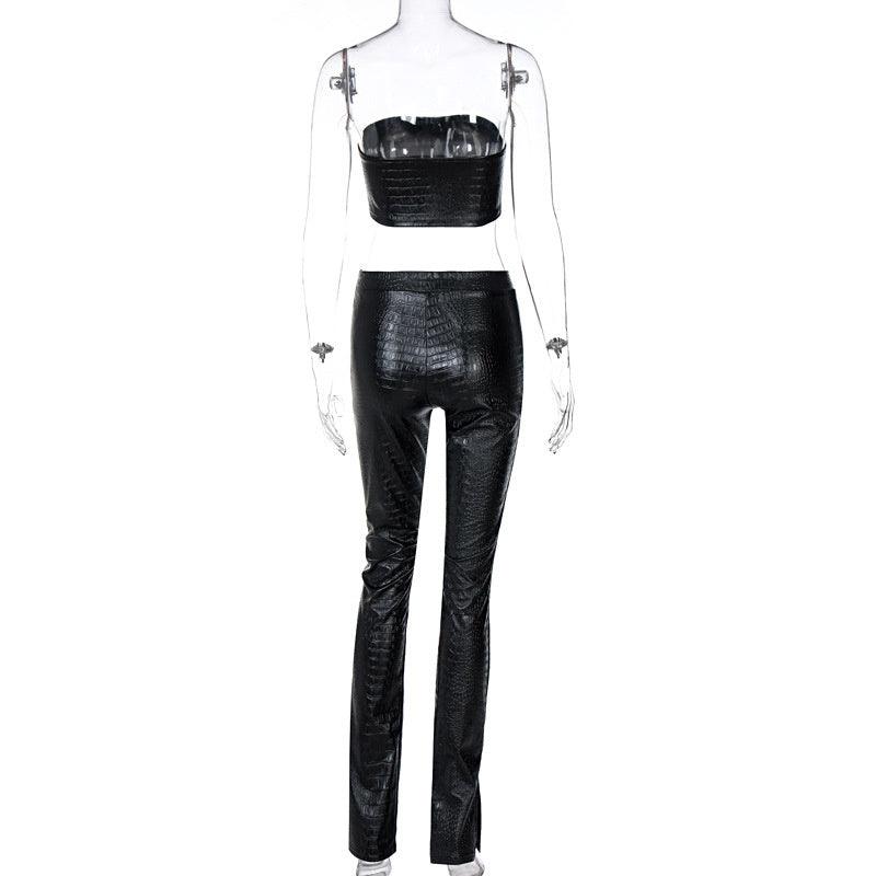 KittenAlarm - Fatima Leather Strapless Crop Top & Long Pants Set