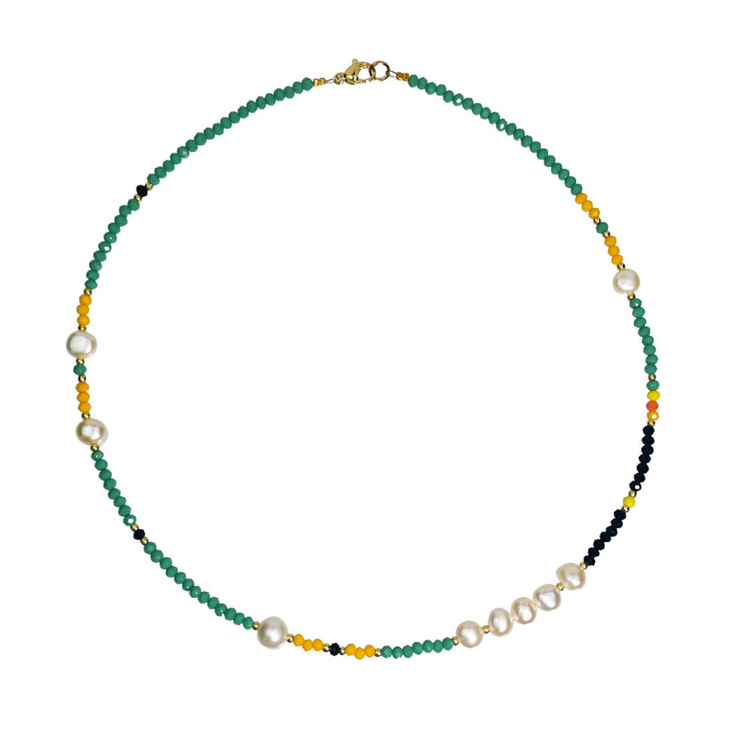 Green Faux Baroque Pearl Enamel Beaded Choker Necklace