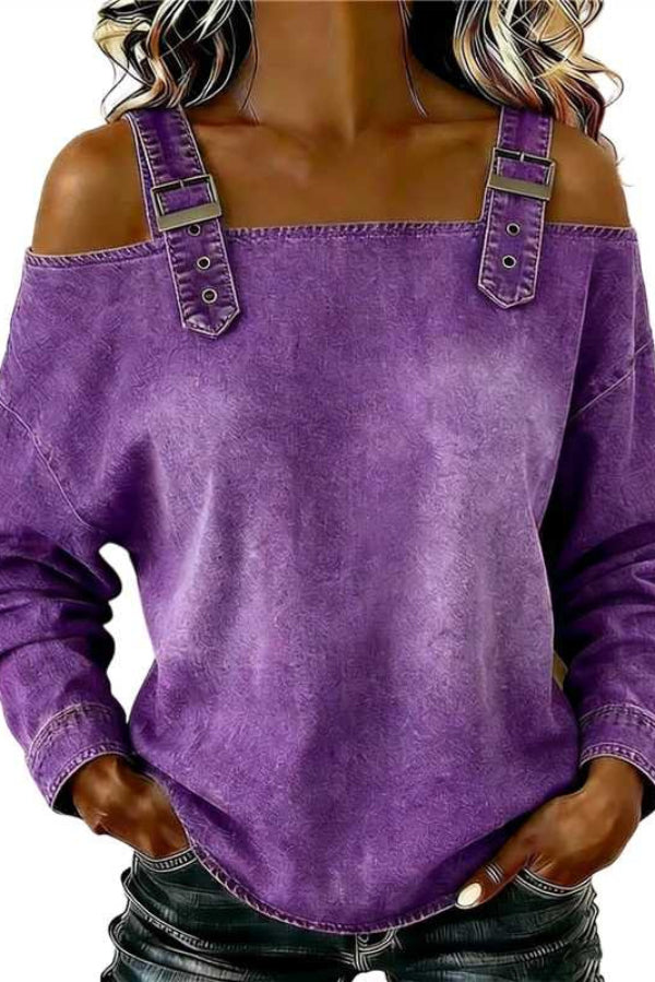 Fashionable Faux Denim Off-shoulder Long-sleeved Loose Top