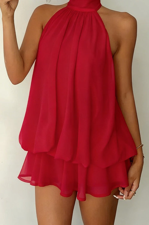 Pleated Halter Neck Tiered Ruffle Chiffon Trapeze Mini Dress