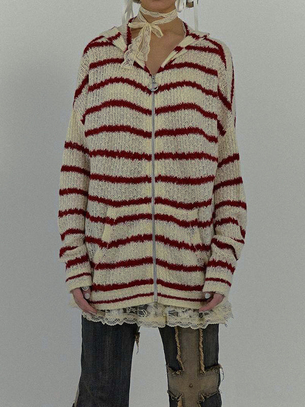 Rabbit Ear Styling Hooded Stripe Cardigan