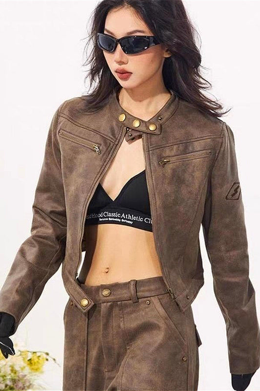 Distressed Suede Moto Stand-Collar Jacket