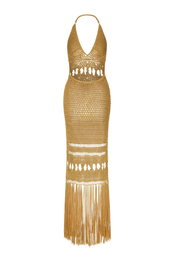 Fashionable Open-knit Backless Elegant Tassel Hem Vacation Cover-up Maxi Dress