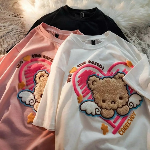 Cute Plush Bear Angel Love Heart Print Sleeveless Short Sleeve Shirt Top Aesthetic Casual E-Girl Kawaii Korean Japanese Harajuku