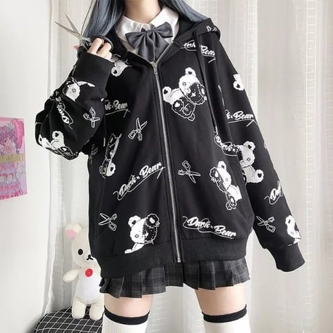 Teddy Bear Scissors Print Hoodie Zip Up Sweater Sweatshirt Long Sleeve Pullover Jumper Goth Punk E-Girl Kawaii Korean Japanese Harajuku Streetwear